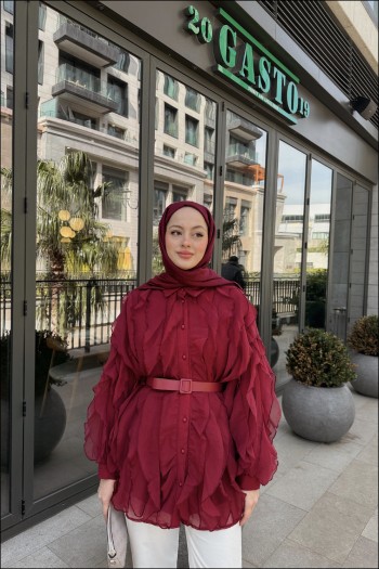 Bordo Elena Kolu Fırfırlı Gömlek