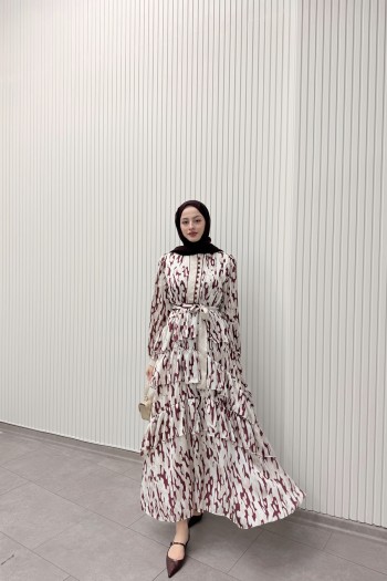 Bordo Lina Desenli Büzgülü Elbise