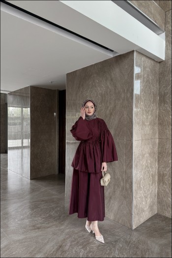 Bordo Nervürlü Etekli Pantolon Takım