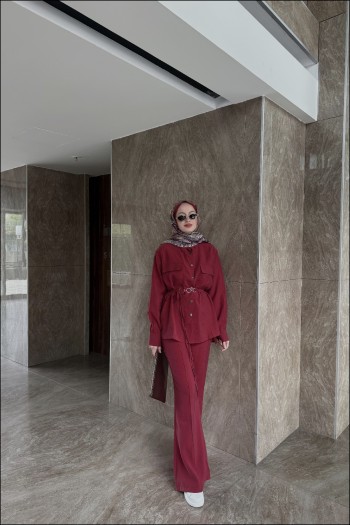 Bordo Sarah Çıt Çıt düğmeli Modal Takım