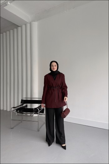 Bordo Sofia Kuşaklı Blazer Takım