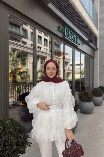 Ekru Elena Kolu Fırfırlı Gömlek