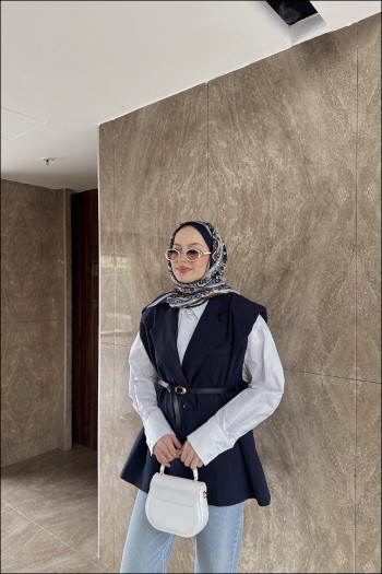 Lacivert Tek Düğmeli Keten Yelek