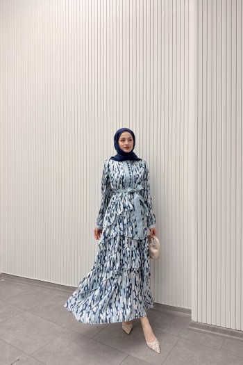 Mavi Lina Desenli Büzgülü Elbise