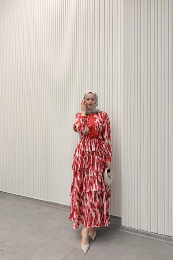 Pembe Lina Desenli Büzgülü Elbise