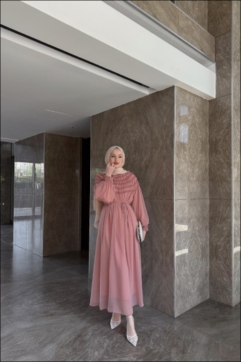 Pudra Mina Üst Büzgülü Şifon Elbise