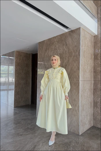 Açık Sarı Meva Pileli Elbise