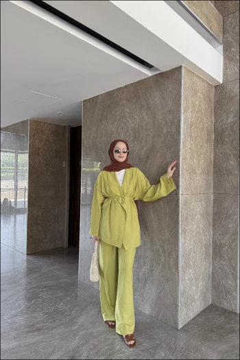 Yağ Yeşili Çilek Kimono Takım