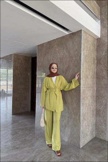 Yağ Yeşili Çilek Kimono Takım
