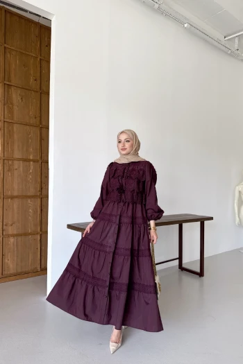 Bordo Güpürlü Dantelli Elbise
