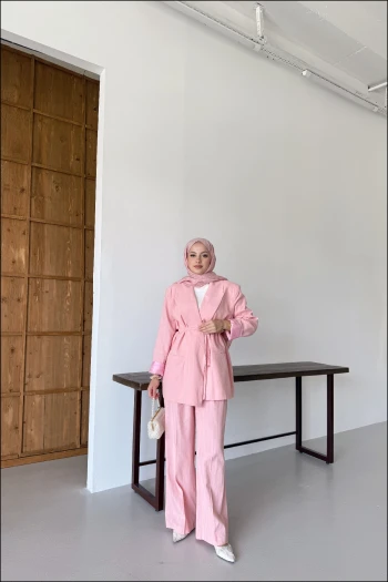 Pembe Dari Keten Blazer Takım