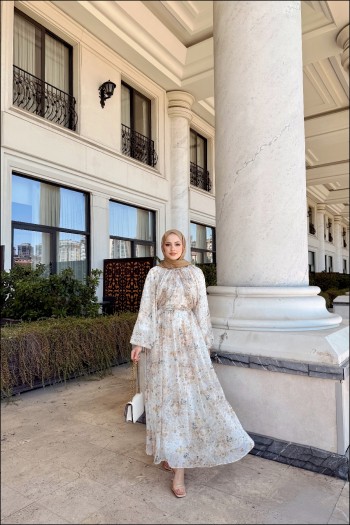 Bej Aponi Çiçek Desenli Şifon Elbise