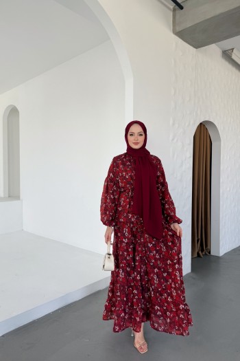 Bordo Maya Çiçekli Elbise