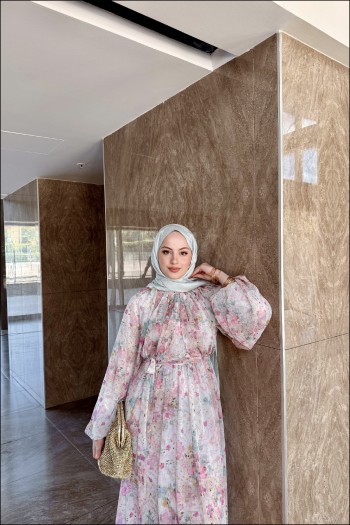 Fuşya Aponi Çiçek Desenli Şifon Elbise