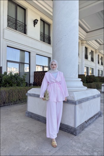 Pembe Biritli Keten Takım
