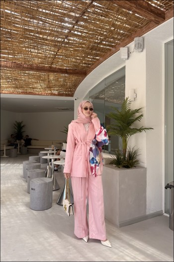 Pembe Dari Keten Blazer Takım