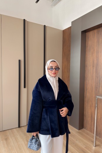 Lacivert Bihter Kaşe Kaban