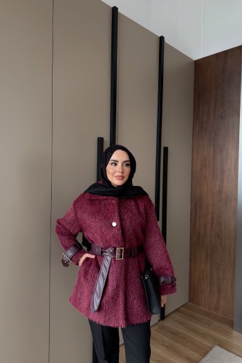Bordo Deri Kemerli Ceket