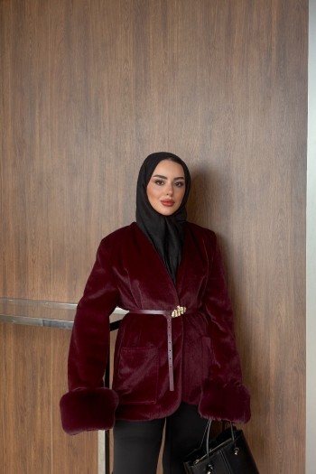 Bordo Kaşe Kolu Tüylü Kaban