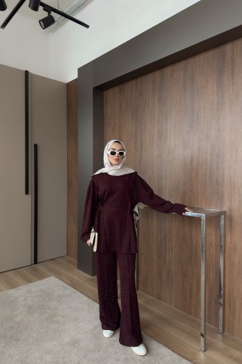 Bordo Taşlı Oysho Takım