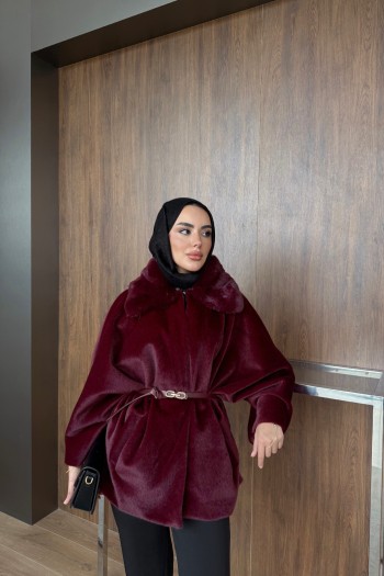 Bordo Yakası Kürklü Kaban