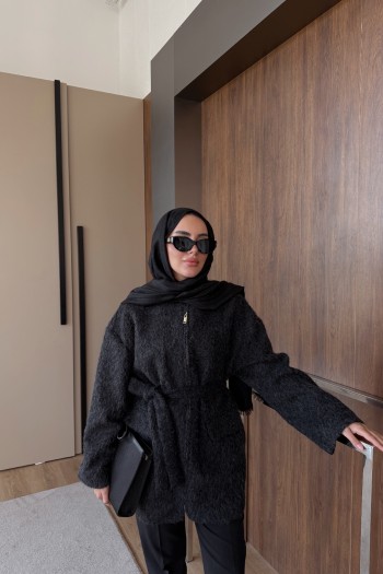 Siyah Dora Fermuarlı Keçe Ceket