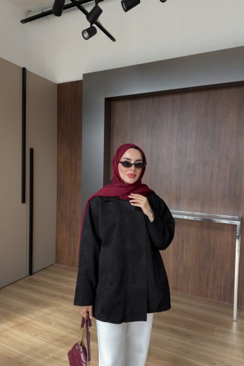 Siyah Fermuarlı Süet Ceket