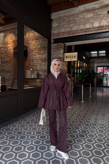 Bordo Mişa Belden Sıkmalı Takım