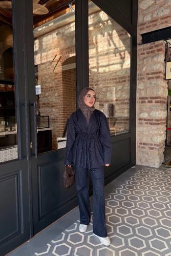 Lacivert Mişa Belden Sıkmalı Takım