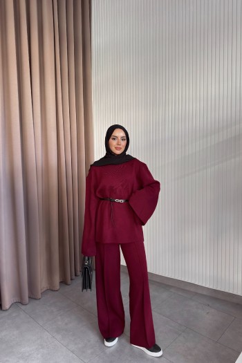 Bordo Pırıl Triko Takım