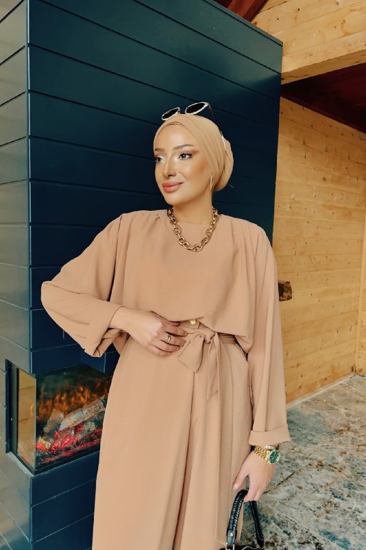 Camel Pileli Şalvar Pantolon Takım