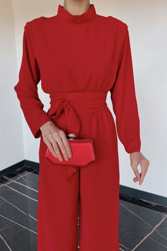 Kırmızı Beli Lastikli Vatkalı Tulum