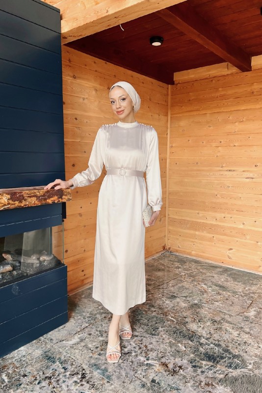 Taş İnci Detaylı Saten Elbise