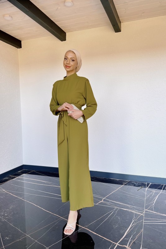 Yağ Yeşili Beli Lastikli Vatkalı Tulum