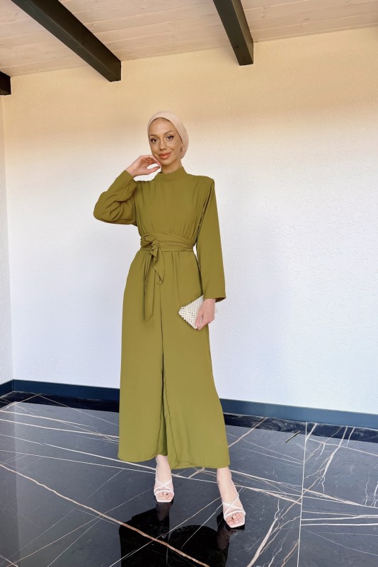 Yağ Yeşili Beli Lastikli Vatkalı Tulum
