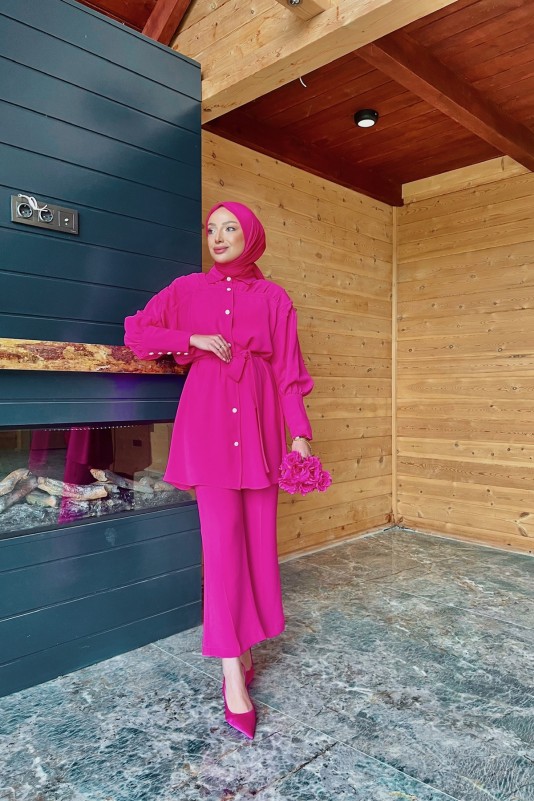 Fuşya Mati Omzu Büzgülü Krep Takım
