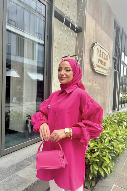 Fuşya Broşlu Kol Detaylı Gömlek