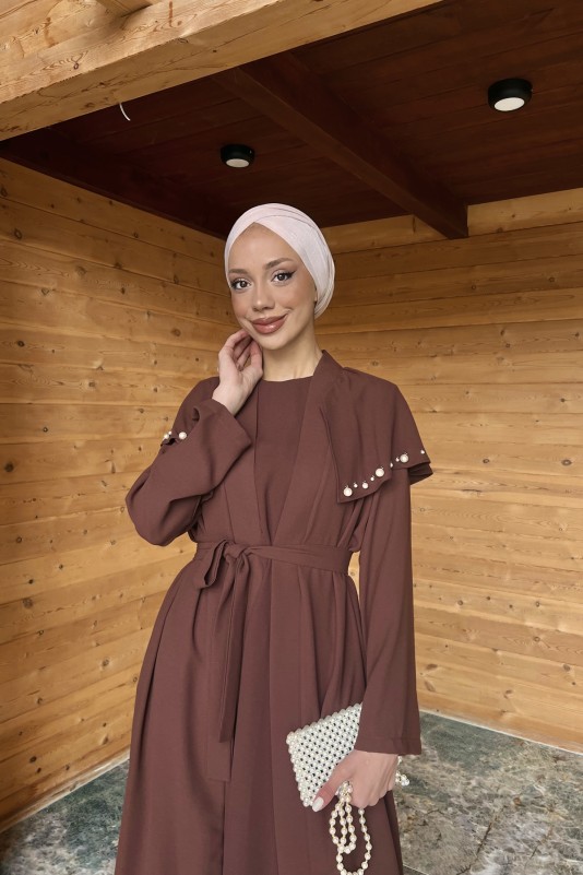 Kahve İnci Detaylı Abayalı Takım