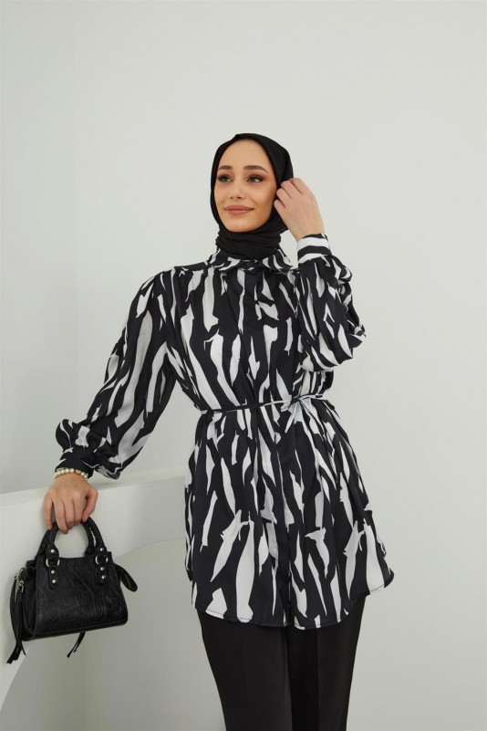 Siyah Sara Saten Desenli Gömlek