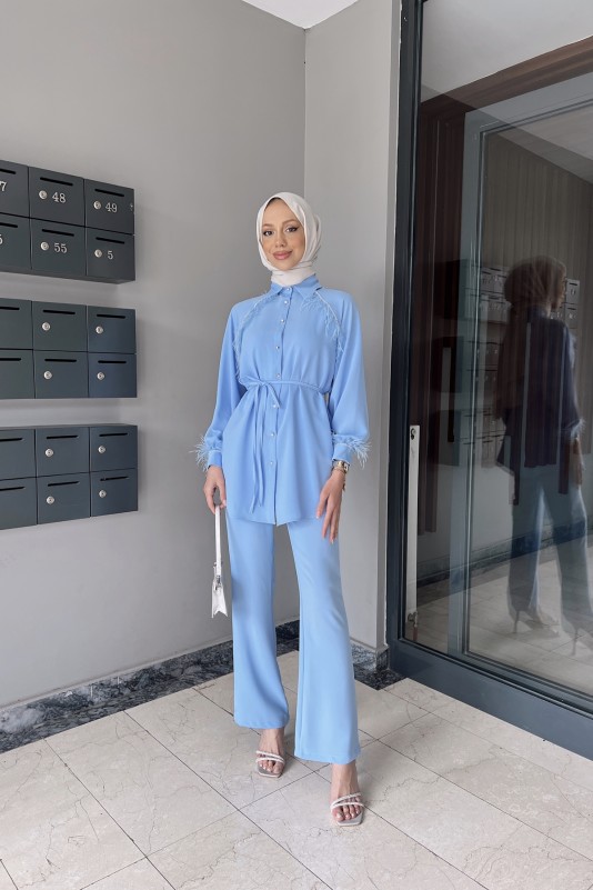 Bebe Mavisi Gisha Taş ve Tüy Detaylı Krep Takım