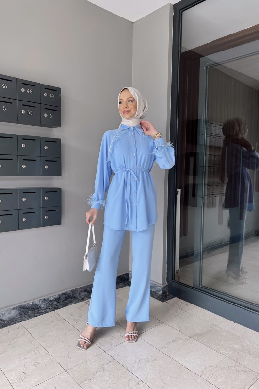 Bebe Mavisi Gisha Taş ve Tüy Detaylı Krep Takım
