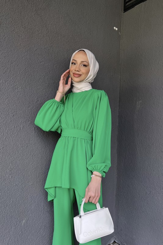 Benetton Yeşili Beli Sıkmalı Pantolonlu Takım