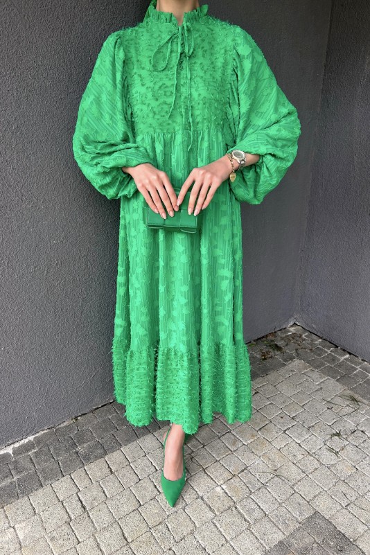 Benetton Yeşili Tüylü Şifon Elbise