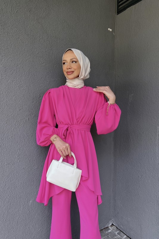 Fuşya Beli Sıkmalı Pantolonlu Takım