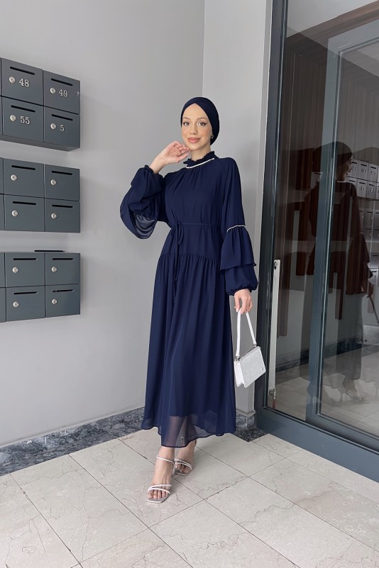 Lacivert Helen Taş Detaylı Şifon Elbise