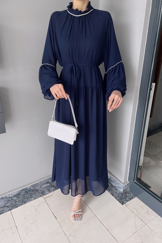 Lacivert Helen Taş Detaylı Şifon Elbise