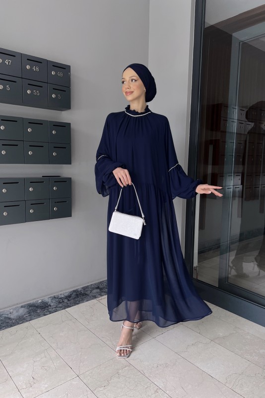 Lacivert Helen Taş Detaylı Şifon Elbise
