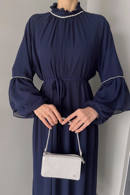 Lacivert Helen Taş Detaylı Şifon Elbise