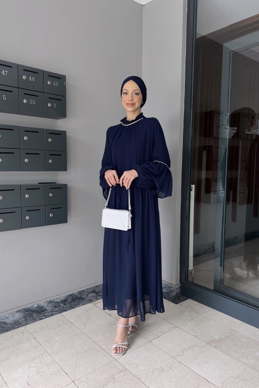 Lacivert Helen Taş Detaylı Şifon Elbise