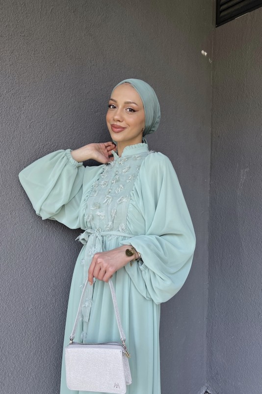 Mint Hiva Kumaş Detaylı Şifon Elbise